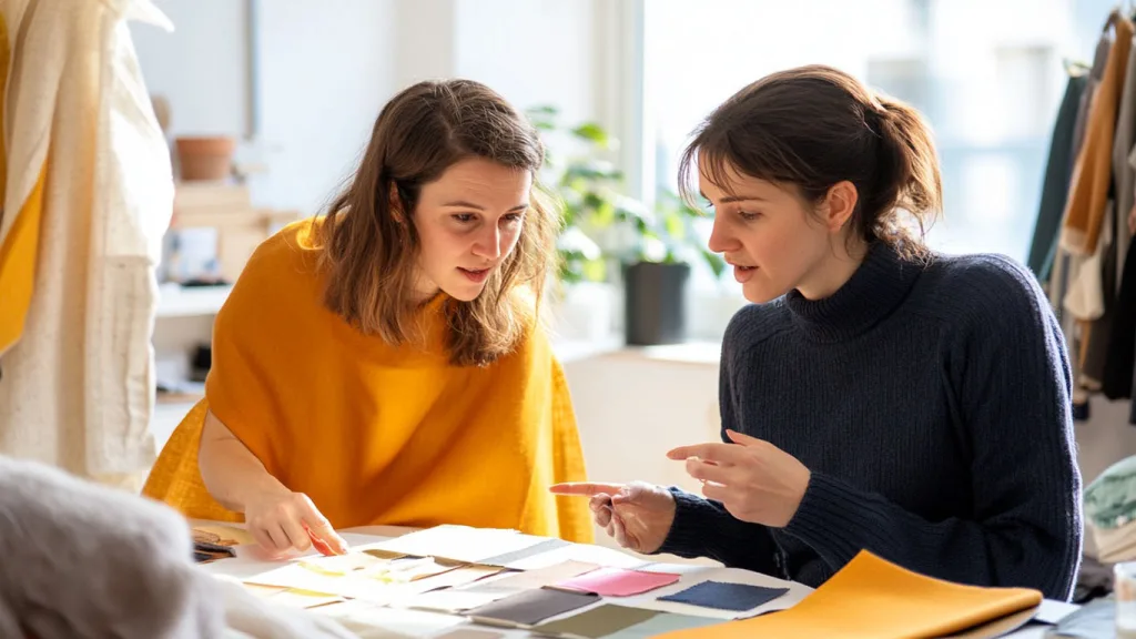Sustainable Brand Collaboration with Manufacturer Clothing brand owner consulting with sustainable apparel manufacturer