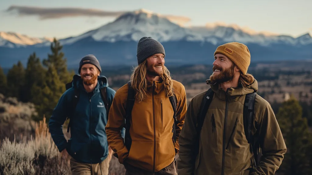 Sustainable Hiking Apparel Hikers wearing eco-friendly performance gear on a mountain trail