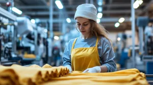 Factory worker checking POLO shirt samples on a production line