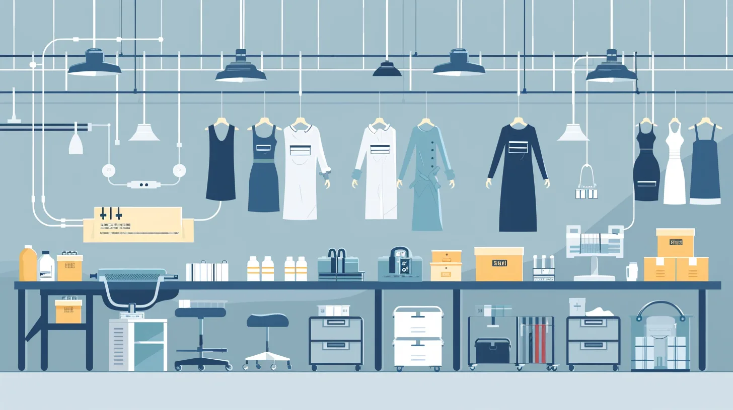 Illustrated diagram showing steps from design to shipping in apparel manufacturing