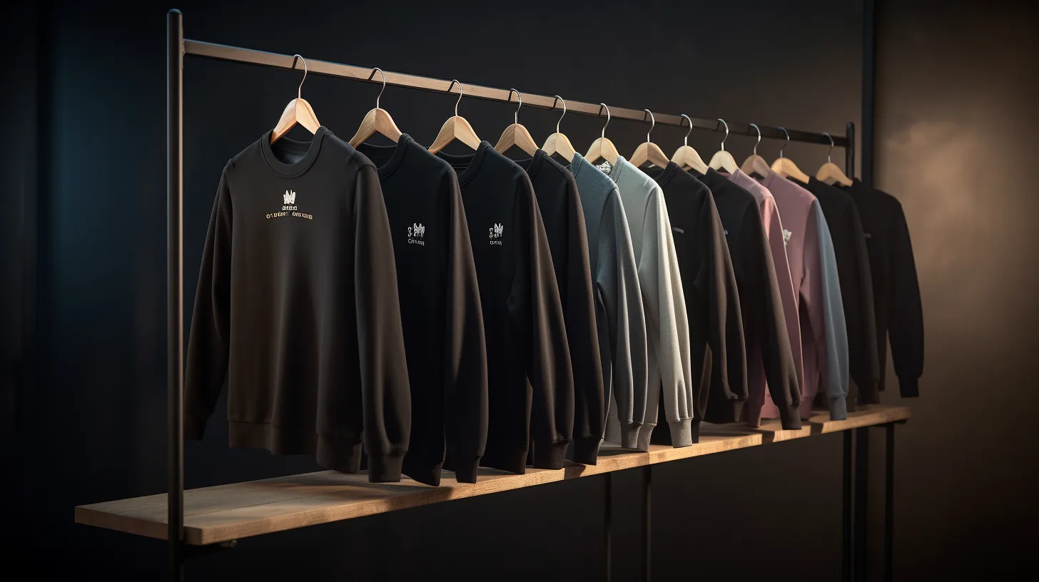 Custom pullovers with unique labels and branding displayed on hangers