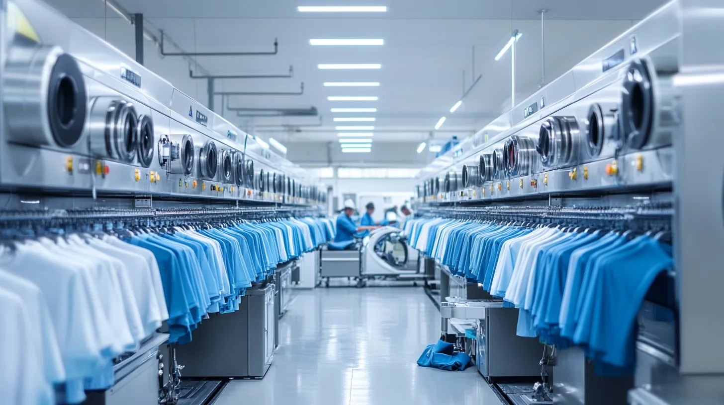 Workers producing custom POLO shirts in a clean manufacturing line