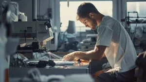 Factory worker stitching custom athletic shorts
