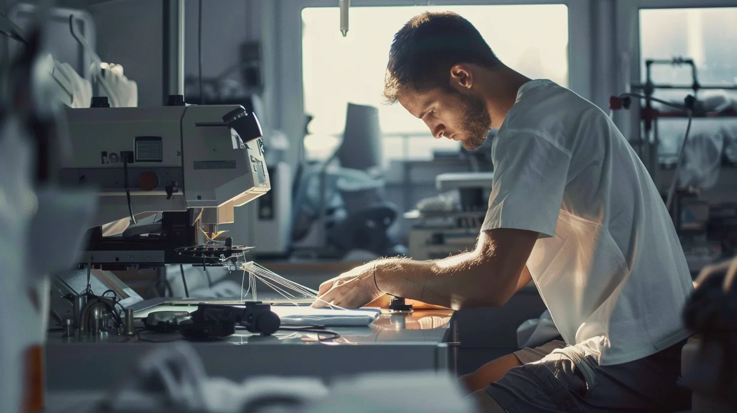 Factory worker stitching custom athletic shorts