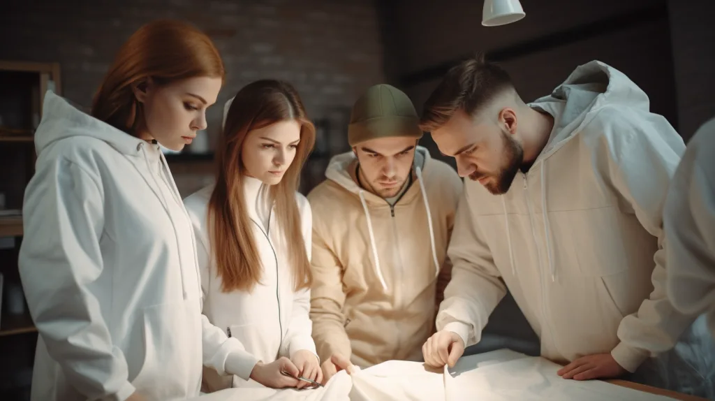 Evaluating Hoodie Manufacturers A team comparing hoodie samples from different manufacturers