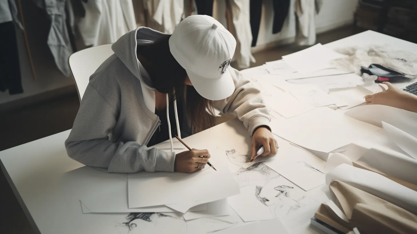 A designer planning hoodie specifications using sketches and fabric swatches