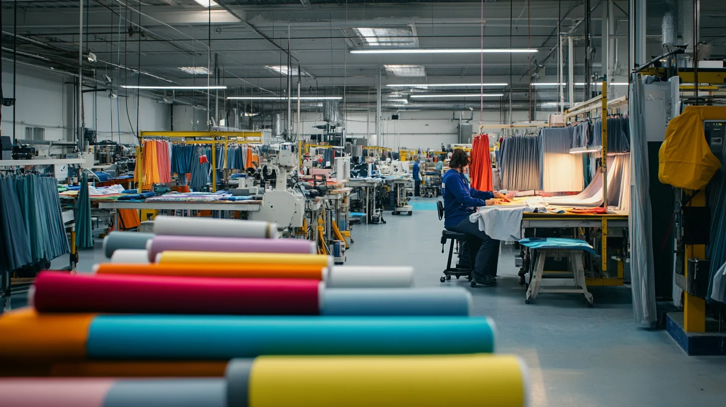 Factory floor with sewing machines and workers producing custom startup apparel