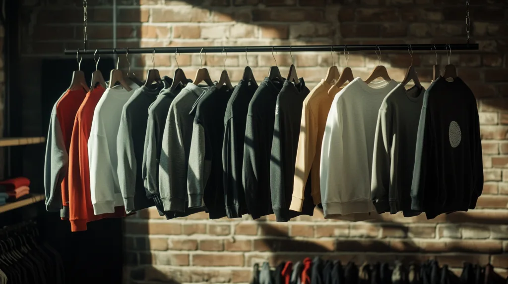 Range of Custom Apparel for Startups Custom-made T-shirts, hoodies, shorts, and activewear samples displayed on mannequins