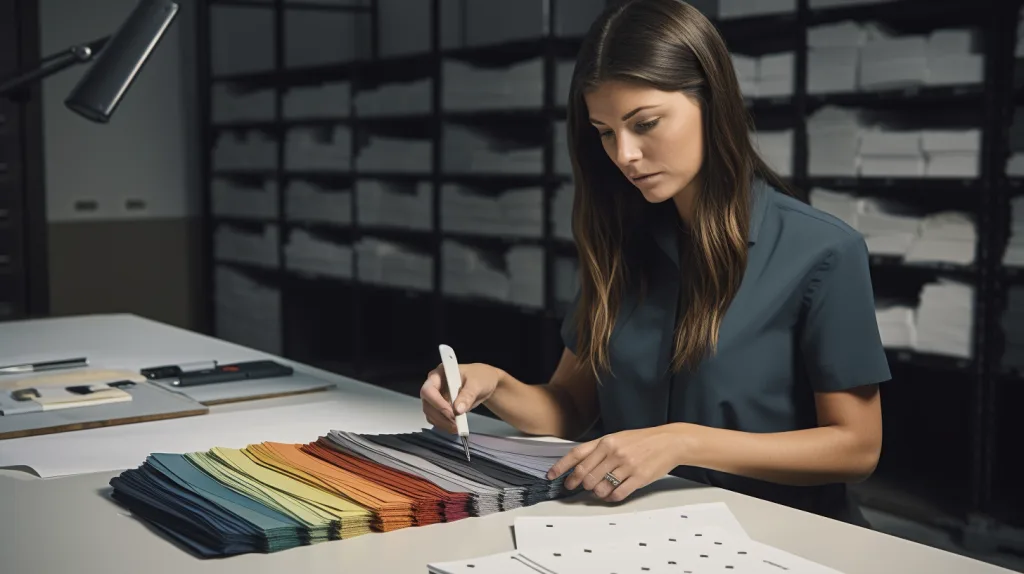Comparing T Shirt Manufacturers Business owner reviewing fabric samples and factory brochures