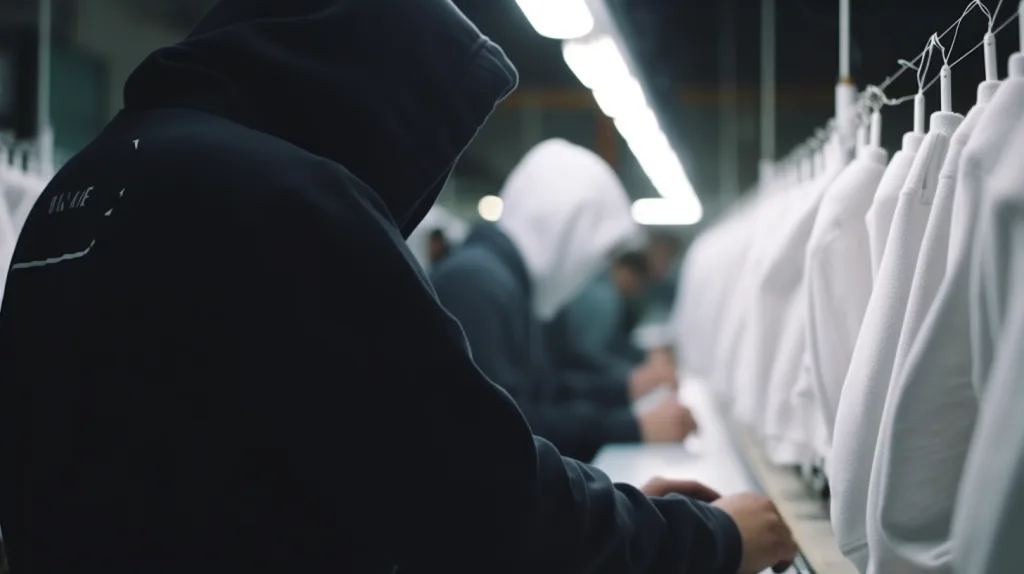 Custom Fitness Hoodie Manufacturing in Progress Workers sewing and inspecting custom branded fitness hoodies in a factory