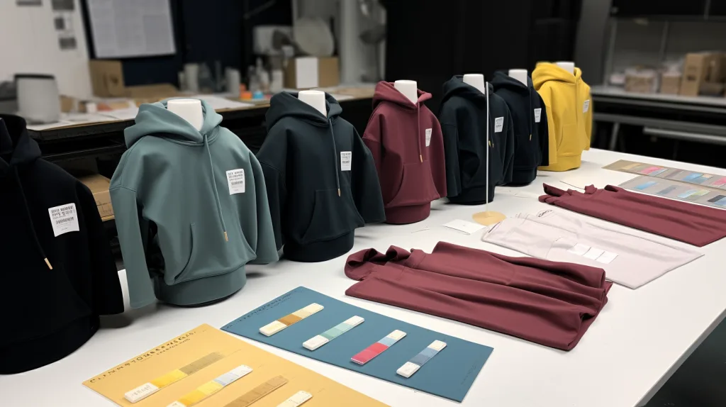 Custom Hoodie Sampling Process Close-up of hoodie samples in production with fabric swatches and embroidery