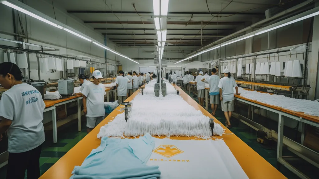 Custom T Shirt Manufacturing at Ninghow Apparel Workers sewing and inspecting colorful t-shirts in factory