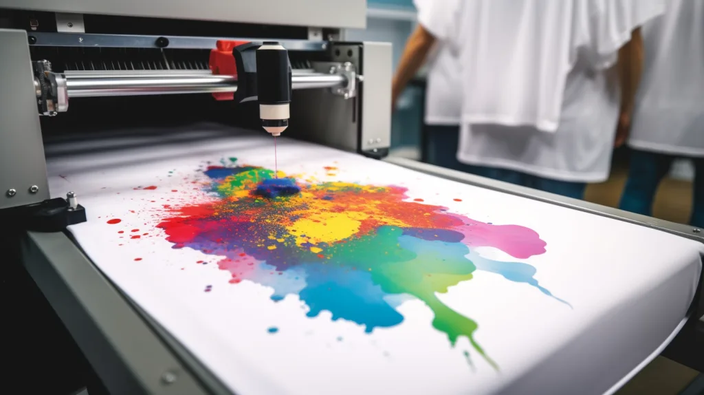 DTG Printer Close Up Direct-to-garment printer applying full-color design