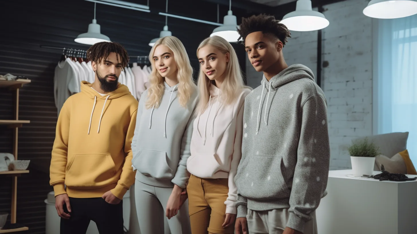 Young fashion brand team celebrating hoodie product launch success
