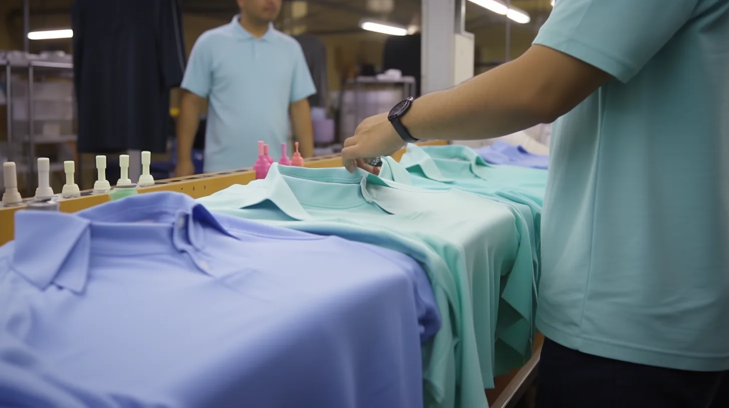 Small-batch POLO shirts being stitched on a production line