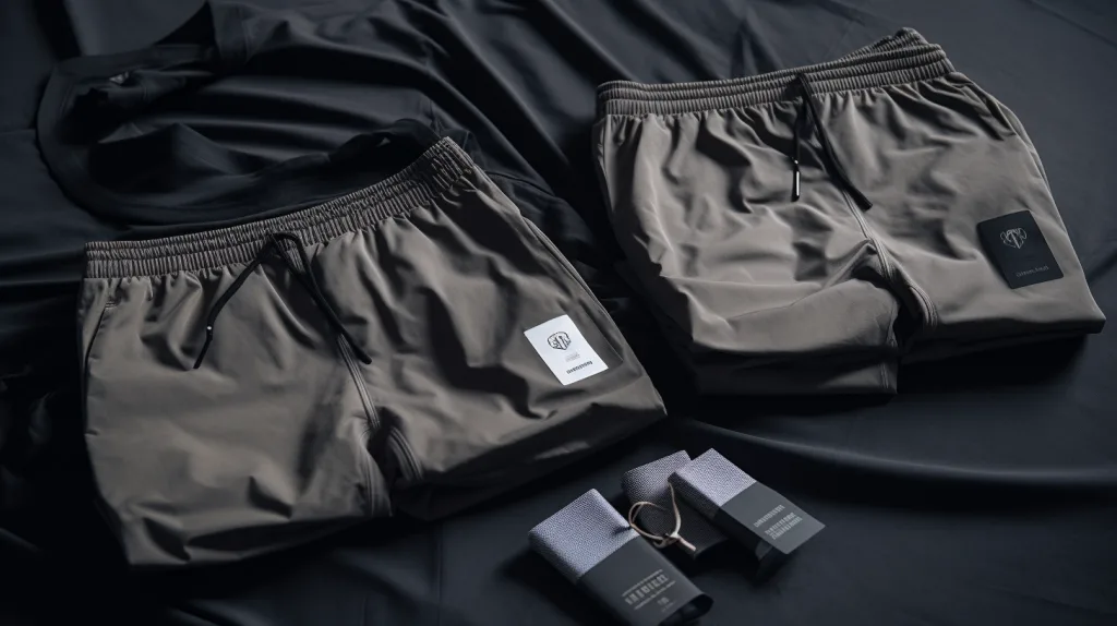 Packaged Custom Gym Shorts Ready for Shipment Folded gym shorts with custom branding tags and packaging