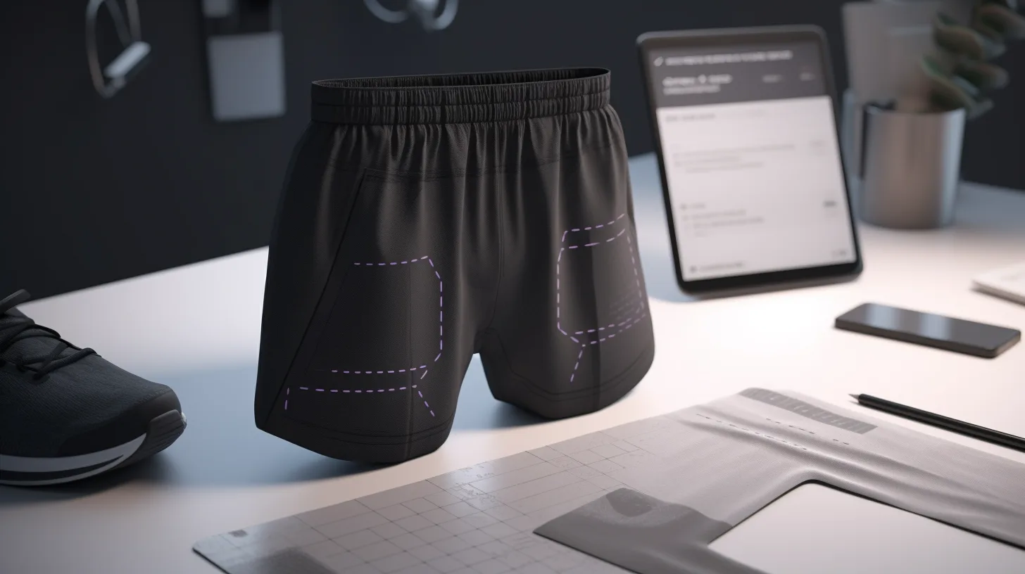 Digital design mockups and tech drawings of gym shorts