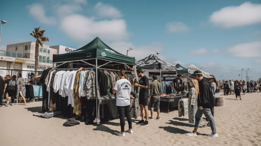 Venice Beach Hoodie Popup Store Young customers browsing hoodies at a coastal popup apparel booth