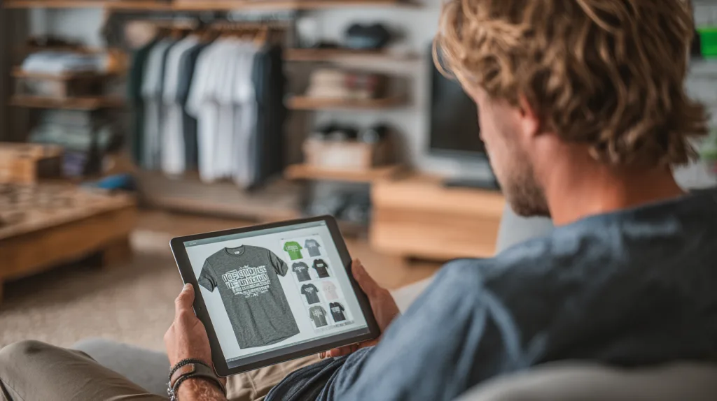 Choosing From ODM T Shirt Templates Brand owner selecting pre-designed t shirt styles on digital screen