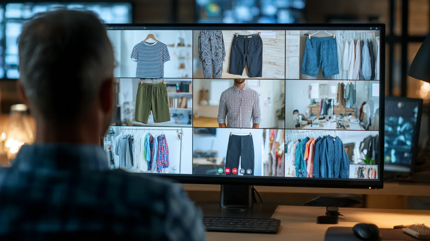 Fashion designers on video call reviewing clothing samples