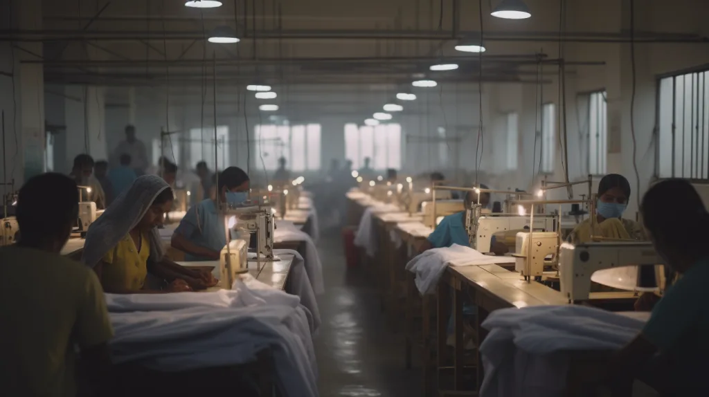 Mass T Shirt Production in Bangladesh Rows of workers producing T-shirts in a large-scale Bangladesh garment factory