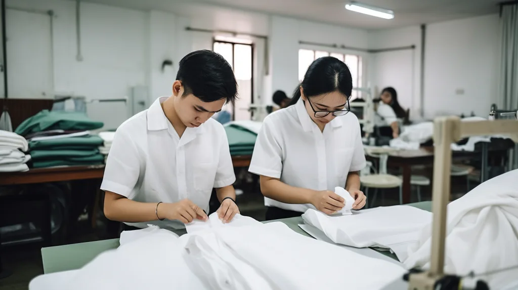 Ninghow production workshop for POLO shirts Workers handling Small Order POLO Shirts Manufacturer in a clean garment workshop