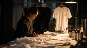 Designer reviewing tech pack with t shirt samples on table