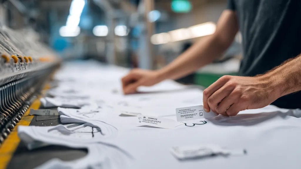Private Label T Shirt Branding Worker applying custom woven labels to blank t shirts