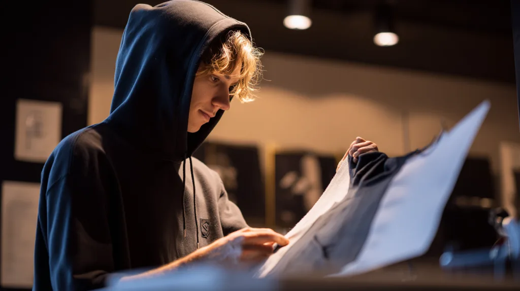 Reviewing Hoodie Samples Designer checking the fit and fabric of a hoodie sample in a modern studio