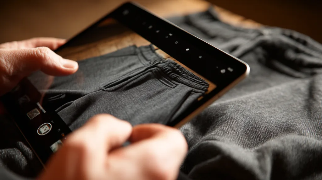 Reviewing Shorts Sample via Video Close-up video footage of athletic shorts details on tablet screen