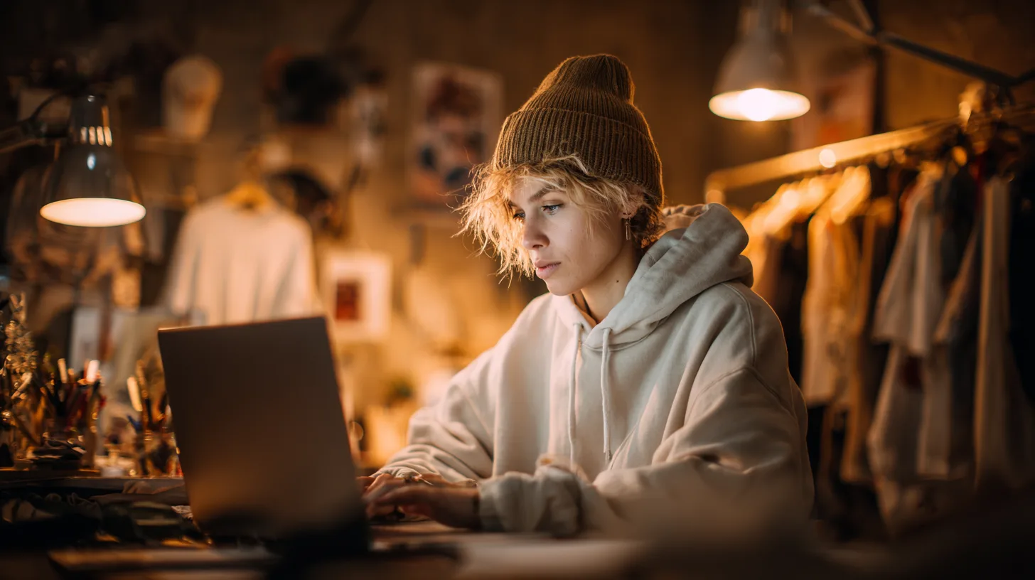 Startup founder researching hoodie manufacturers for small business using laptop