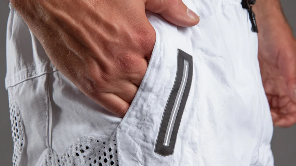 Smart Design Features in Modern Shorts Design close-ups of reflective logos, hidden pockets, and laser-cut ventilation