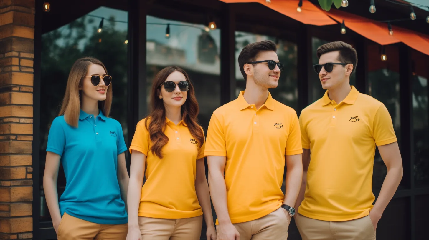 Small team of entrepreneurs wearing customized branded POLO shirts outdoors