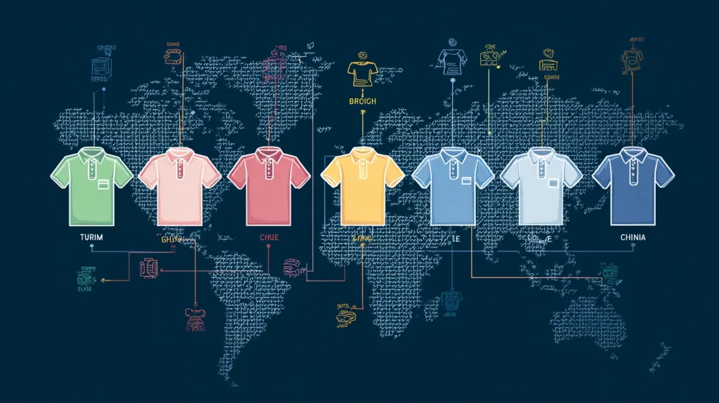 Global Manufacturing Cost Comparison An infographic showing regional labor cost differences in polo shirt production across major manufacturing hubs.