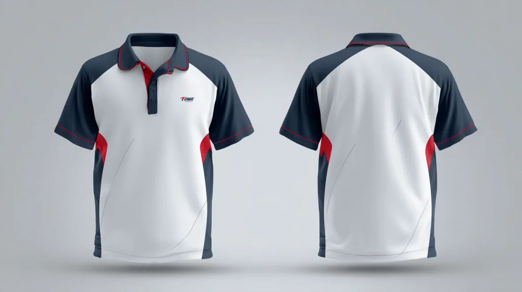 Polo Shirt with Custom Logo Placements Front and back views of polo shirts with logos on chest, sleeve, and collar