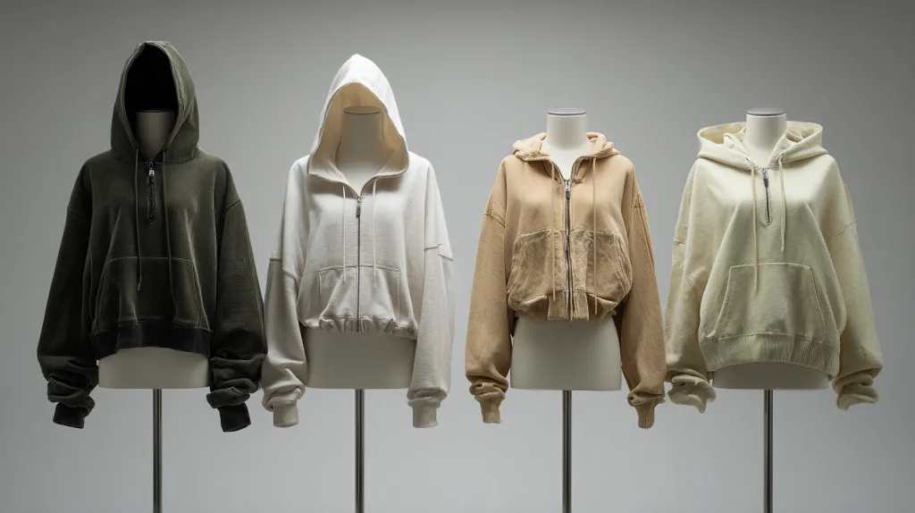 Popular Hoodie Styles for White Label Branding 1 Four different hoodie styles commonly used in white label fashion