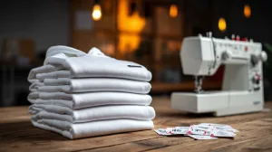 A stack of blank white hoodies with branding tags, ready for customization