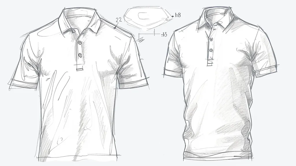 Asian Market Polo Shirt Fit Characteristics Visual showing measurements of an Asian fit polo shirt with emphasis on narrower shoulders, shorter torso, and slim sleeves. May include mannequin or technical drawing.