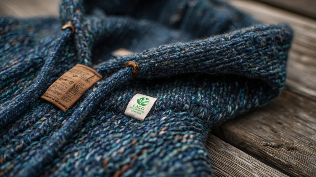 Close up of Hoodie Made from Recycled Yarns Detailed view of a sustainable hoodie manufacturer made from recycled yarns, highlighting fabric texture and eco-friendly labeling.