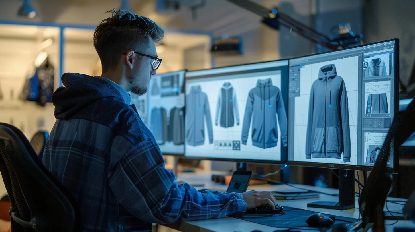 A modern fashion designer working with CAD software on a large screen, creating hoodie patterns with digital tools in a sleek studio.