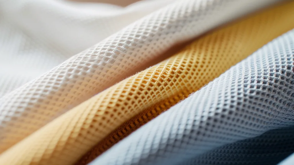 Fabric Types Affecting Polo Fit Comparison of cotton piqué, polyester blend, and bamboo/modal fabric textures used in polo shirts. Includes swatches or fabric draped over mannequins.
