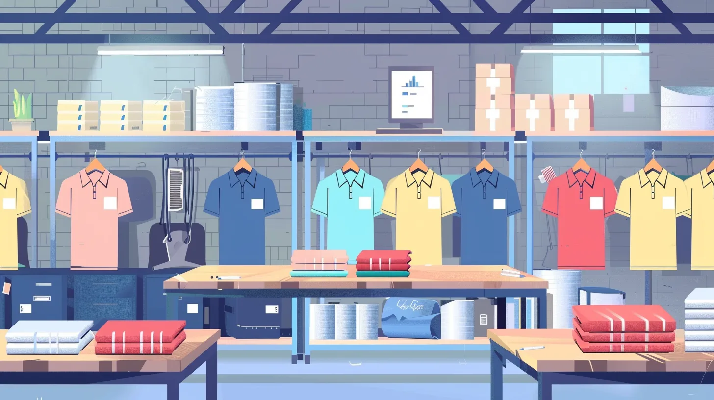 Illustration showing the transformation of a polo shirt brand from a small 100-piece batch to a large-scale factory operation with 100,000+ units annually.