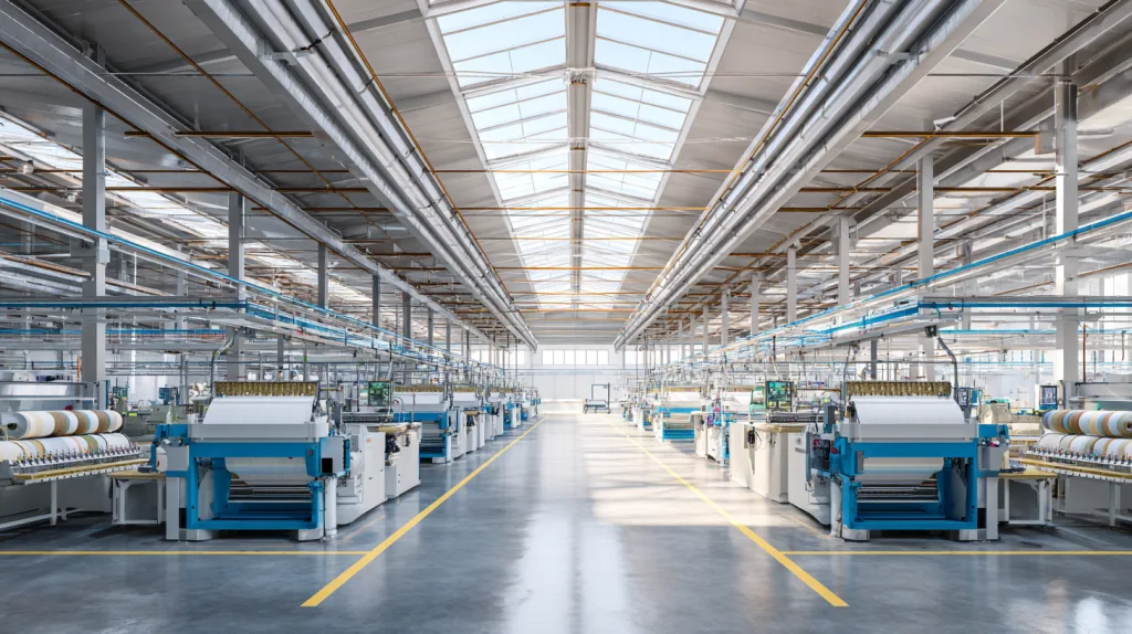 Low Carbon Hoodie Production Facility Eco-conscious garment factory equipped with solar energy systems and low-emission machines used for sustainable hoodie production.