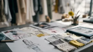 Fashion startup founder working on a clothing idea using sketches and inspiration photos