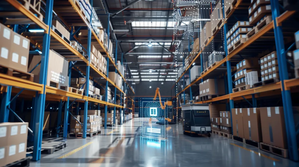Smart Warehouse for Apparel Inventory Automated apparel warehouse with RFID systems, robotic inventory arms, smart shelves and real-time tracking screens.
