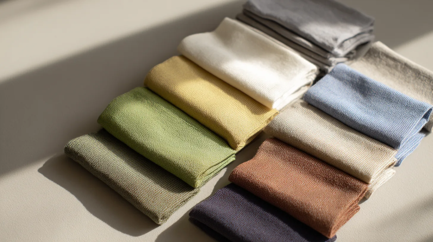 Flat lay of eco-friendly hoodie fabrics like organic cotton, hemp, bamboo, and Tencel for sustainable manufacturing.