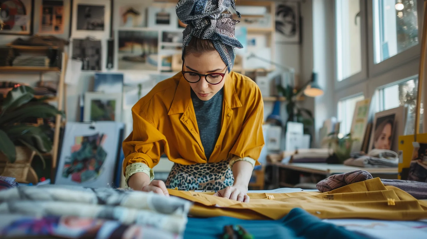 Designer reviewing clothing samples with supplier