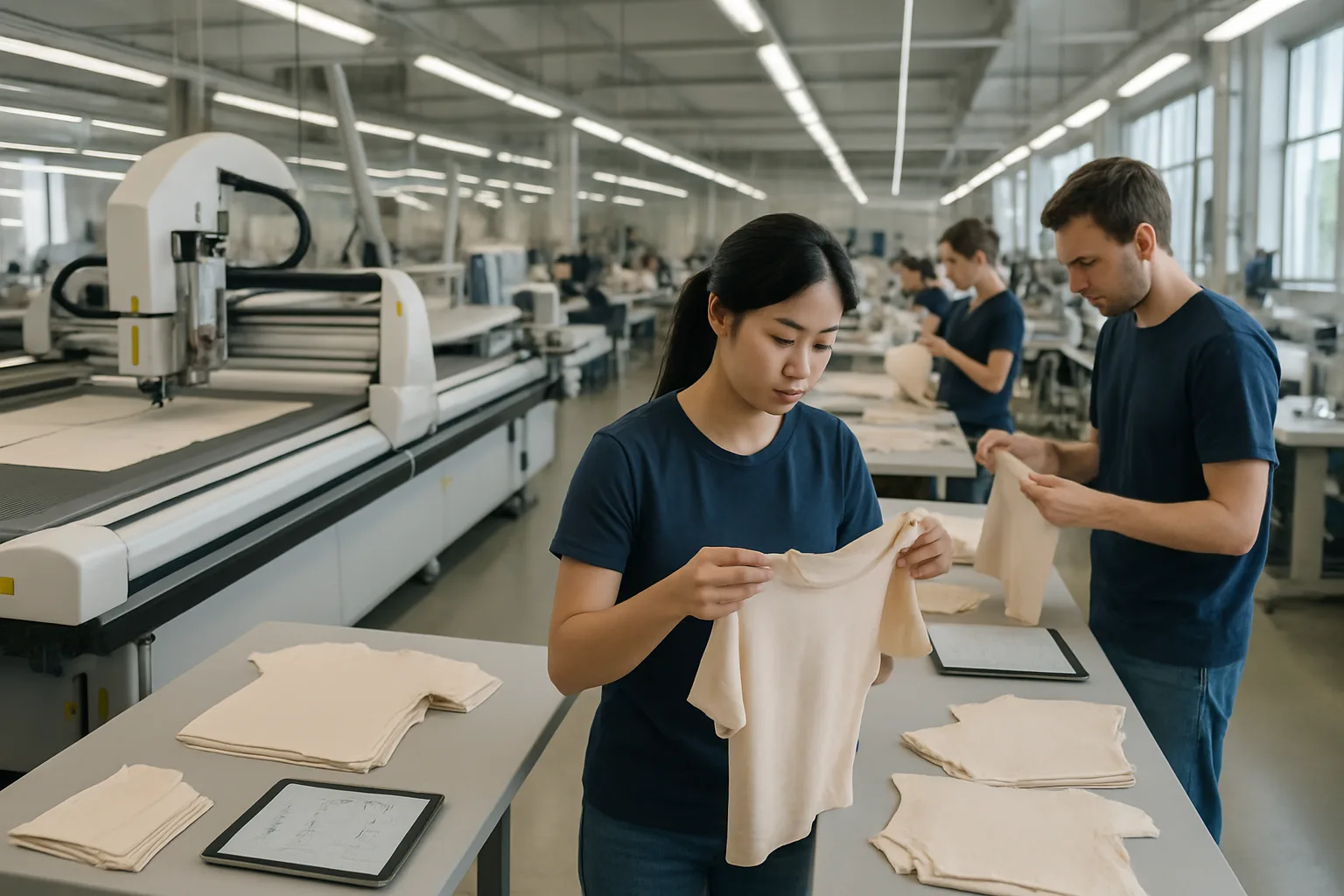 Automated cutting and sewing lines for t-shirts, featuring hands-on quality control and technical process details.