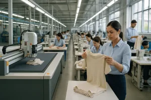 Automated garment cutting and sewing with real-time quality inspection during remote t shirt production.