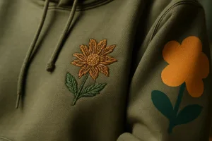 Sharp embroidery and printing details on a finished hoodie showcase craftsmanship and decoration quality.